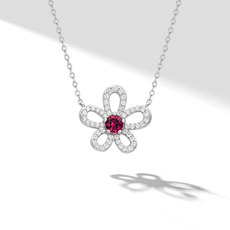 Hollow Out Full Diamond Flower Ruby Necklace Women's Style