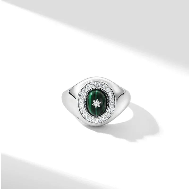 Full Diamond Cabochon Malachite Ring Women's Style - OOAKB