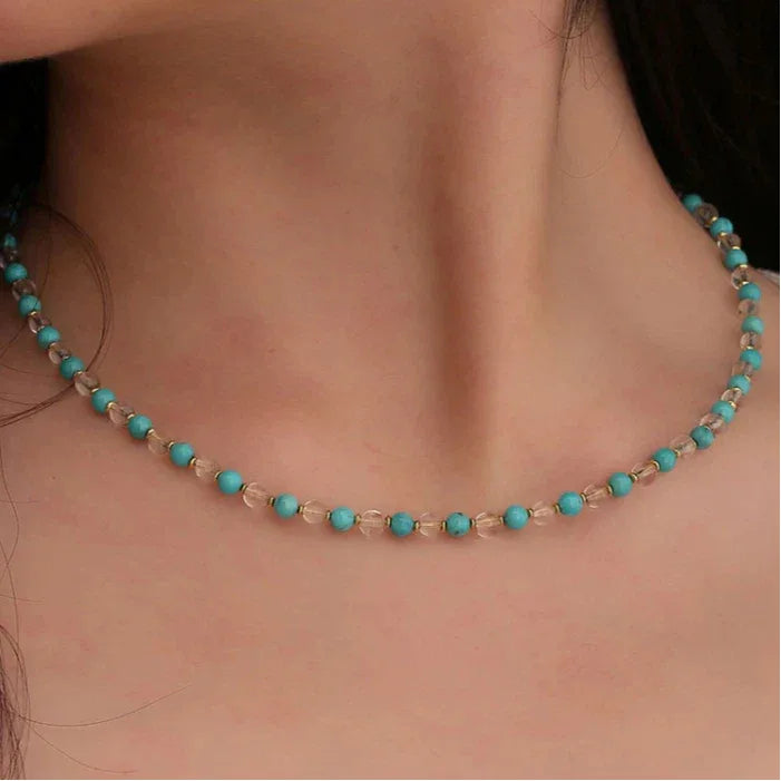 Natural Turquoise Round Bead Crystal Luxury Necklace - OOAKB