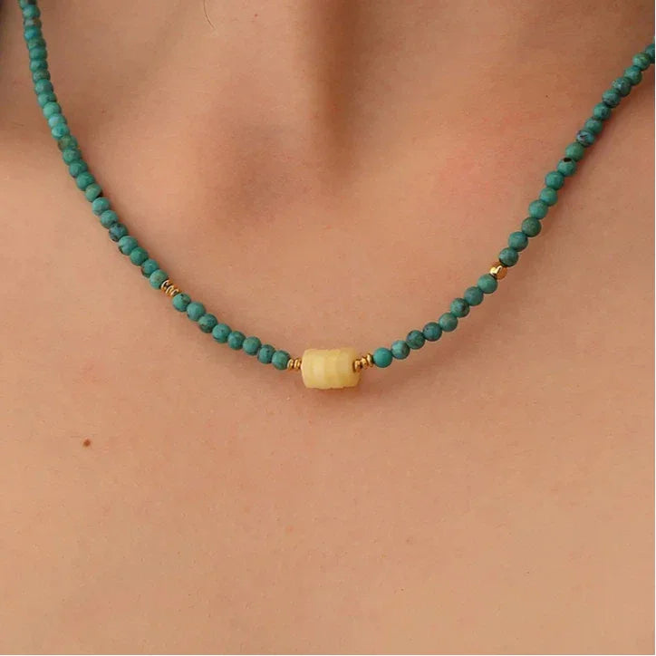 Turquoise Round Bead & Beeswax S925 Silver Necklace - OOAKB