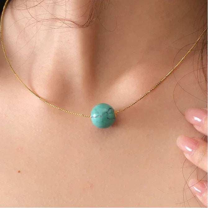 S925 Silver Plated 18K Gold Turquoise Round Bead DIY Necklace - OOAKB