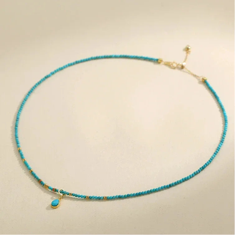 Natural Turquoise Round Bead Teardrop Pendant Luxury Necklace - OOAKB