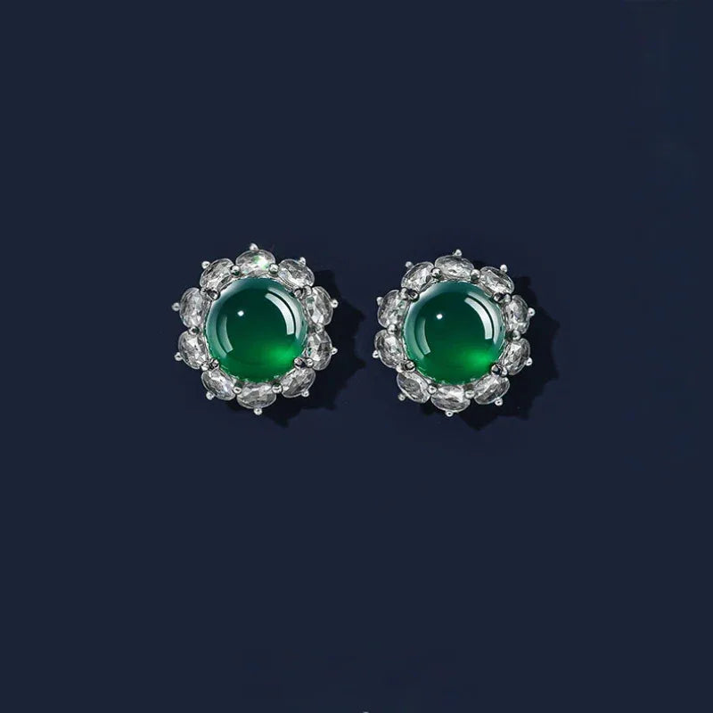 Chrysoprase Sunflower Cabochon Earrings S925 Silver Women's Style - OOAKB