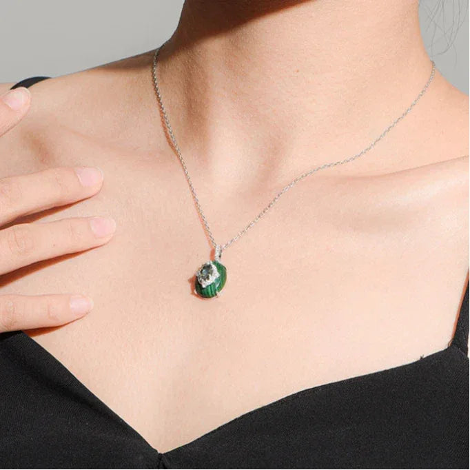 Malachite Cabochon Inlaid Sparkling Diamond Necklace S925 Silver - OOAKB