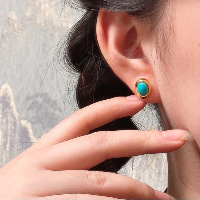 Natural Turquoise Egg-Shaped Luxury Earrings - OOAKB