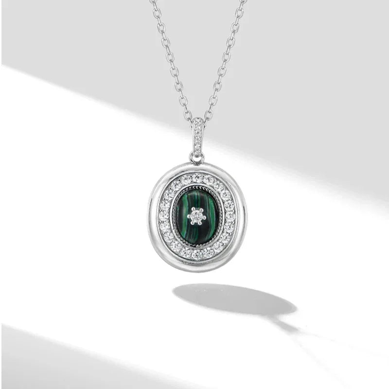 Malachite Cabochon Micro-Pave Pendant Necklace S925 Silver - OOAKB