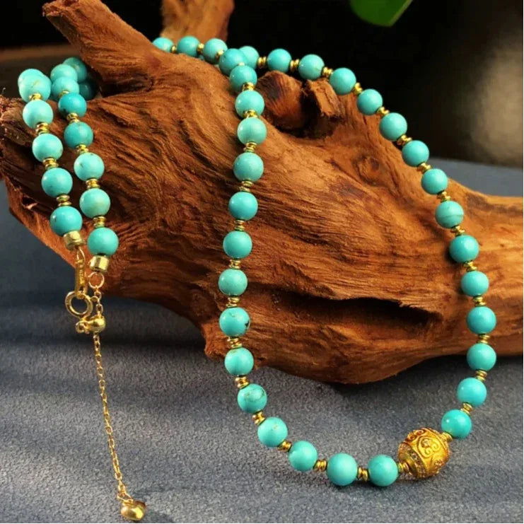 Natural Turquoise Round Bead Gradient Tower Chain DIY Luxury Necklace - OOAKB