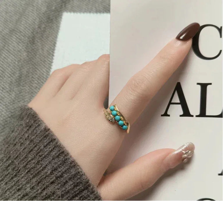 Natural Turquoise Bamboo Leaf Row Luxury Ring - OOAKB