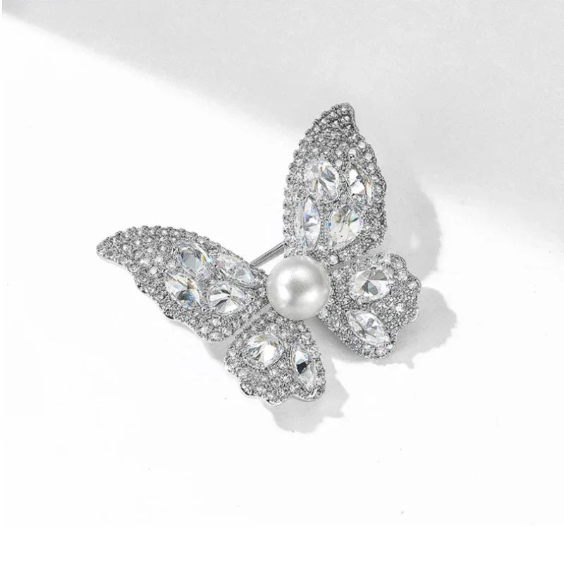Freshwater Pearl Full-Diamond Butterfly Brooch S925 Silver Women's Style - OOAKB