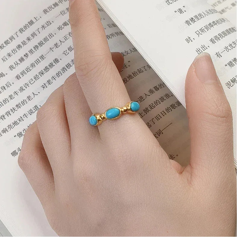 Turquoise Egg-Shaped S925 Silver Open Ring - OOAKB