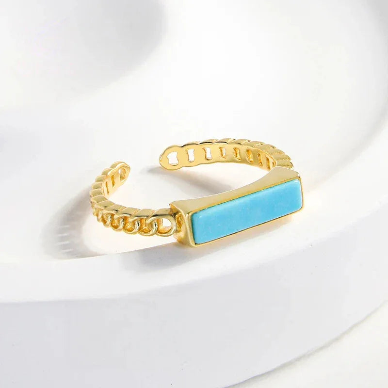 Turquoise Rectangular S925 Silver Open Ring - OOAKB