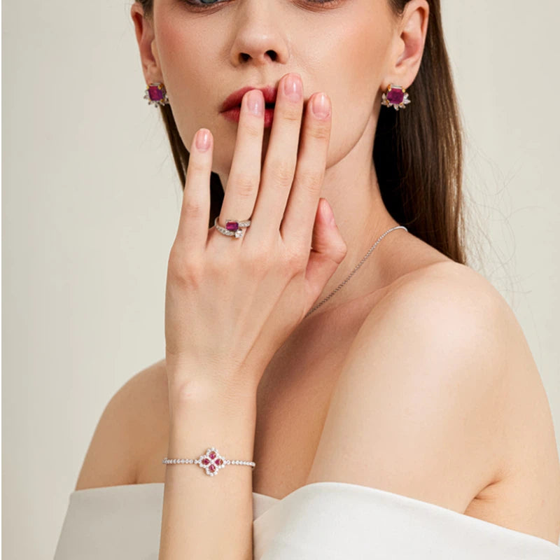 Ruby Lucky Clover Bracelet S925 Silver Women's Style