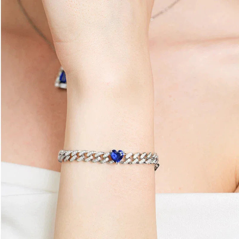 Heart Whisper Series Heart Sapphire Full-Diamond Cuban Link Bracelet - OOAKB