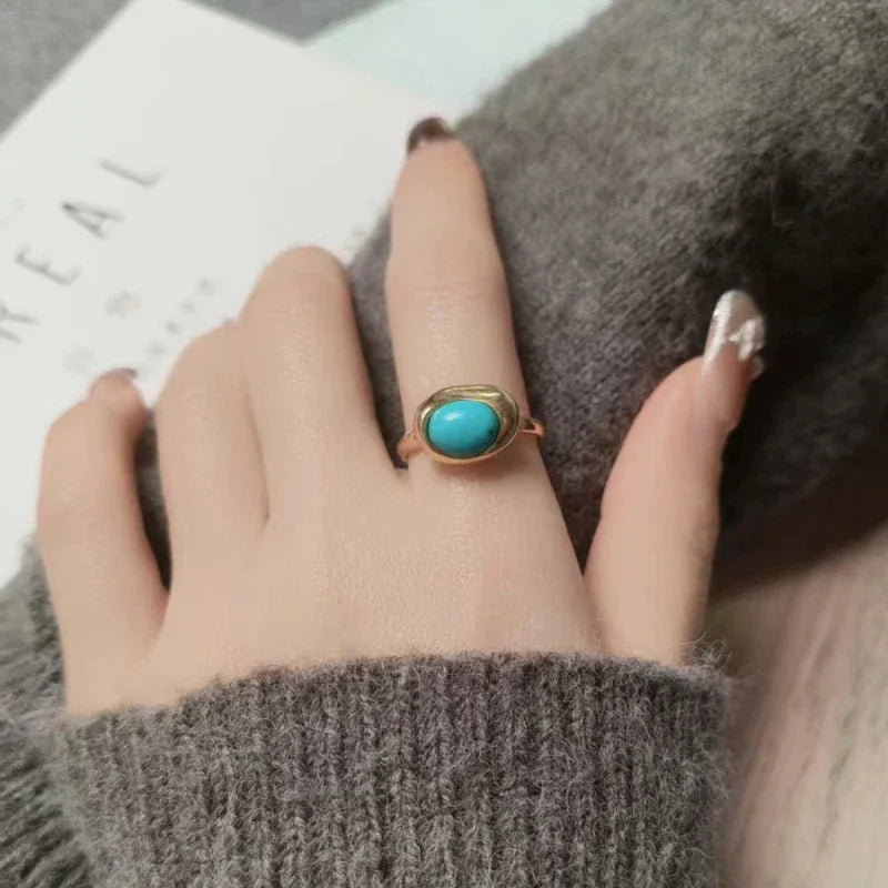 Turquoise Egg-Shaped S925 Silver Open Ring - OOAKB