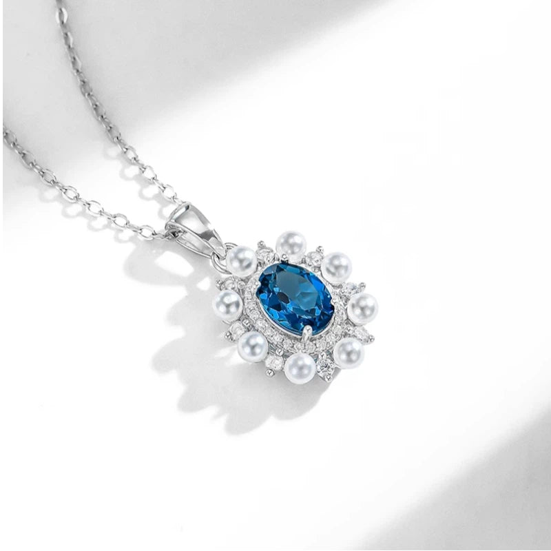 Natural Topaz Blue Gemstone Collar Necklace Women's Style S925 Silver