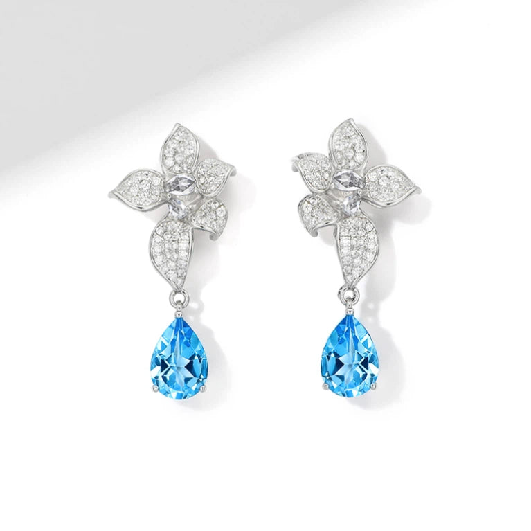 Topaz Blue Star Flower Earrings S925 Silver Women's Style