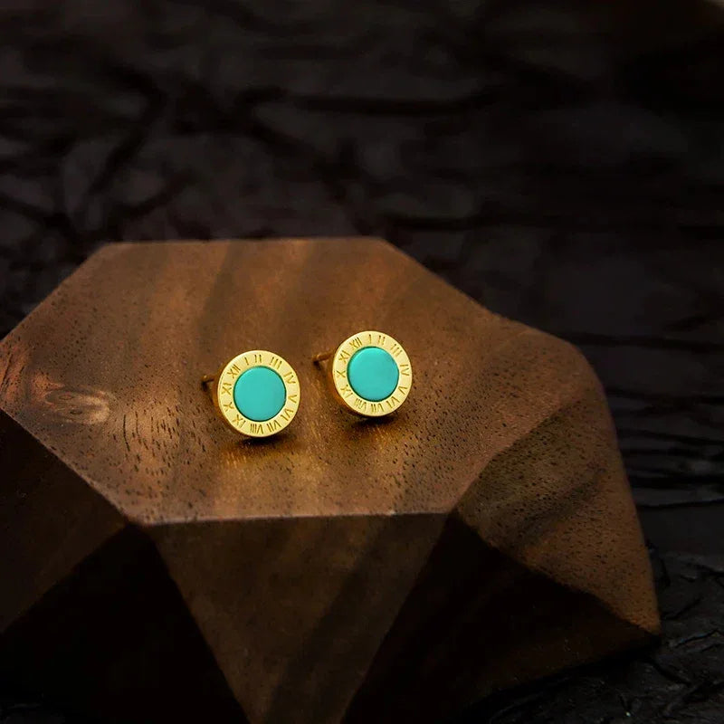 Natural Turquoise Roman Numeral Round Earrings - OOAKB