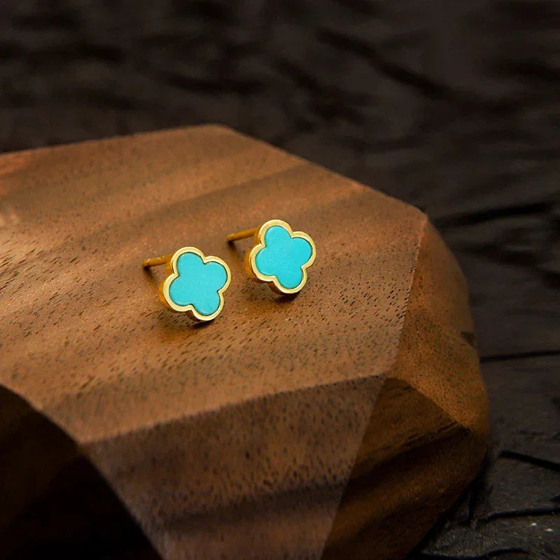 18K Gold Natural Turquoise Clover Earrings - OOAKB