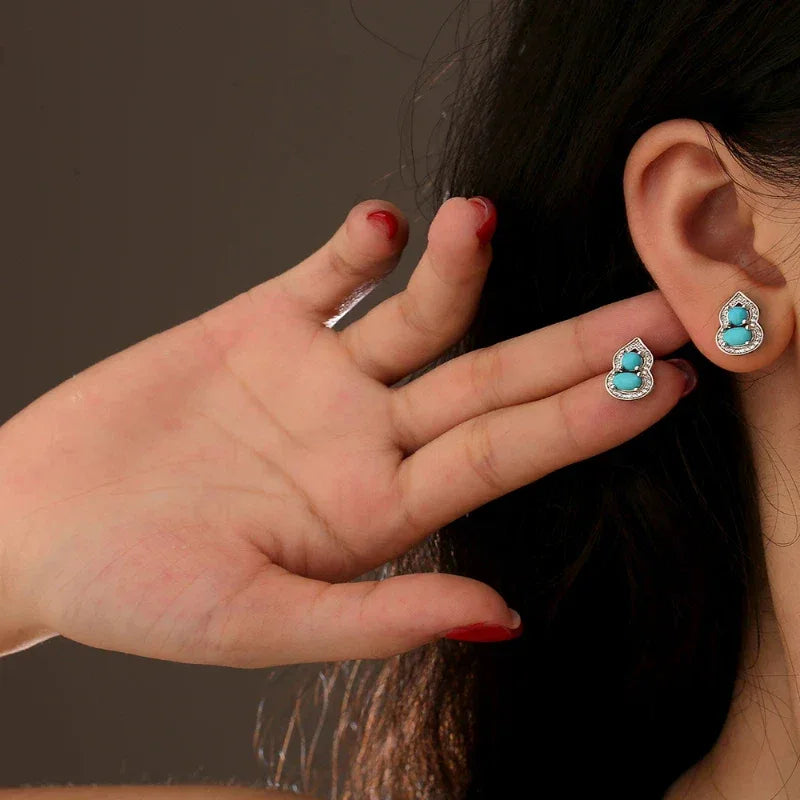 Turquoise Gourd Shape S925 Silver Luxury Earrings - OOAKB