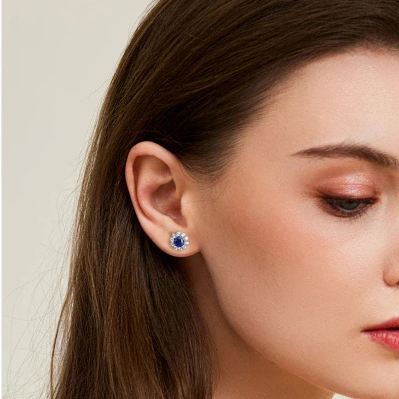 Brilliant Series Sapphire Sunflower Four-Claw Earrings S925 Silver - OOAKB