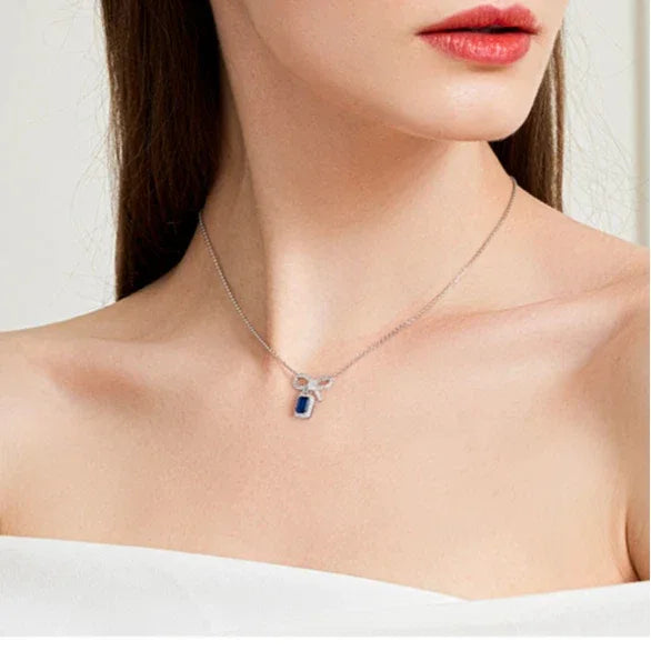Sapphire Small Square Sugar Bowknot Necklace Women's Style - OOAKB
