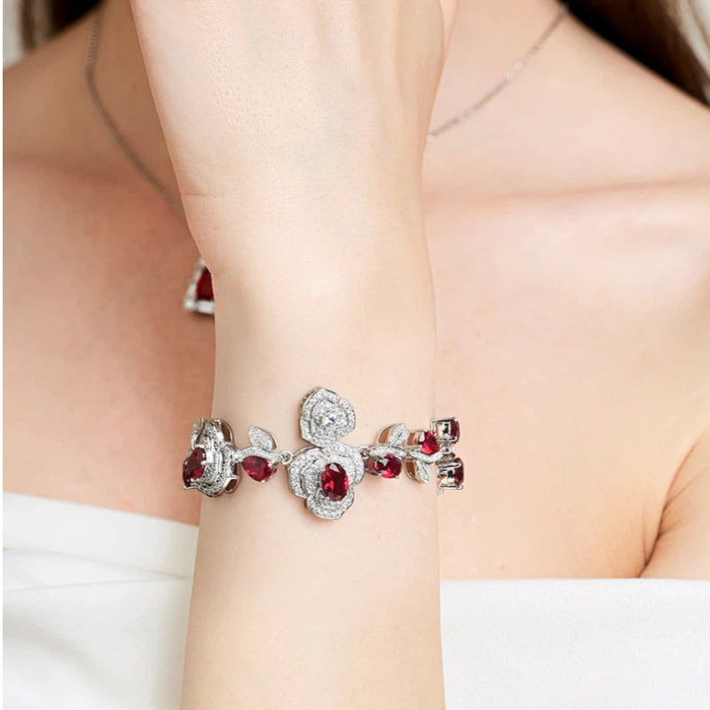 Rose-shaped Ruby Bracelet S925 Silver Women's Style