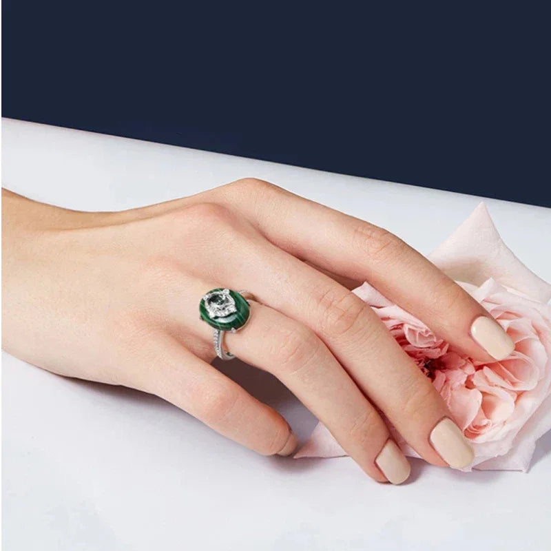 Cabochon Malachite Ring with Sparkling Diamonds Women's Style - OOAKB