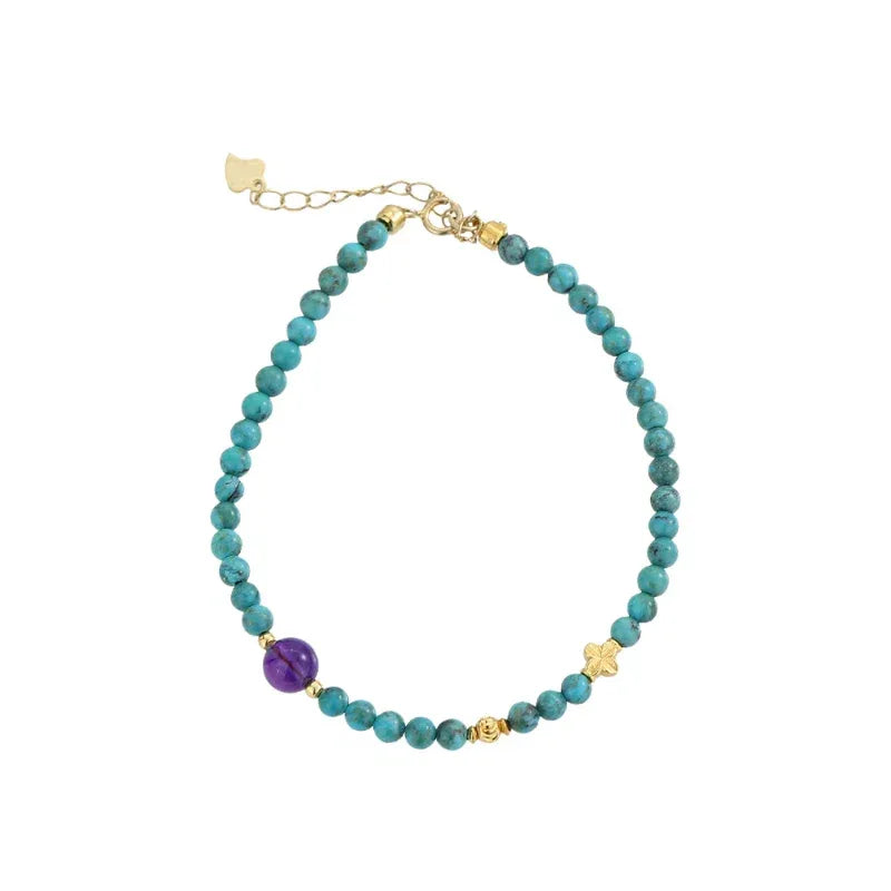 Natural Turquoise Round Bead & Amethyst Luxury Bracelet - OOAKB