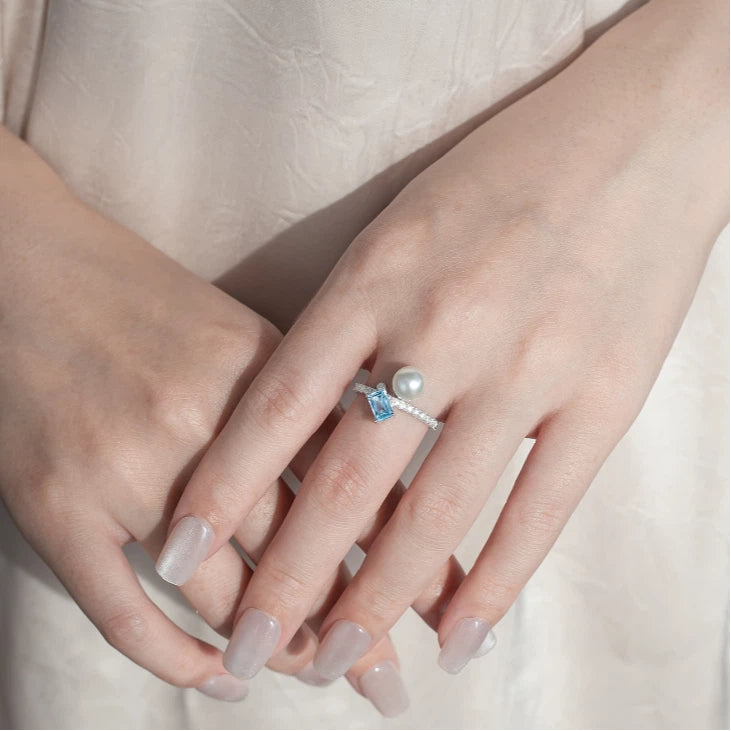 Blue Topaz S925 Silver Saltwater Pearl Ring