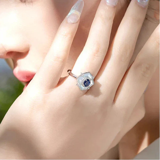 Sapphire S925 Silver Diamond Border Adjustable Ring - OOAKB