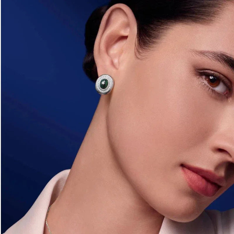 Full Diamond Cabochon Malachite Earrings - OOAKB