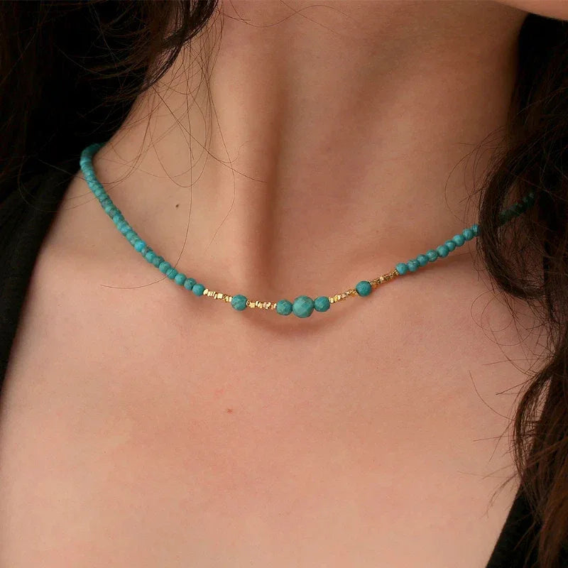 Natural Turquoise Round Bead Cut Corner Luxury Necklace - OOAKB
