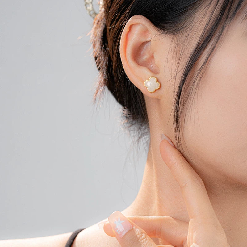 3D Lucky Clover Hetian Jade Stud Earrings S925 Silver Women's Style
