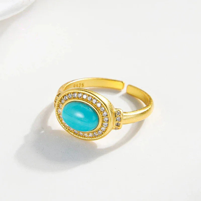 Turquoise Egg-Shaped S925 Silver Open Ring - OOAKB