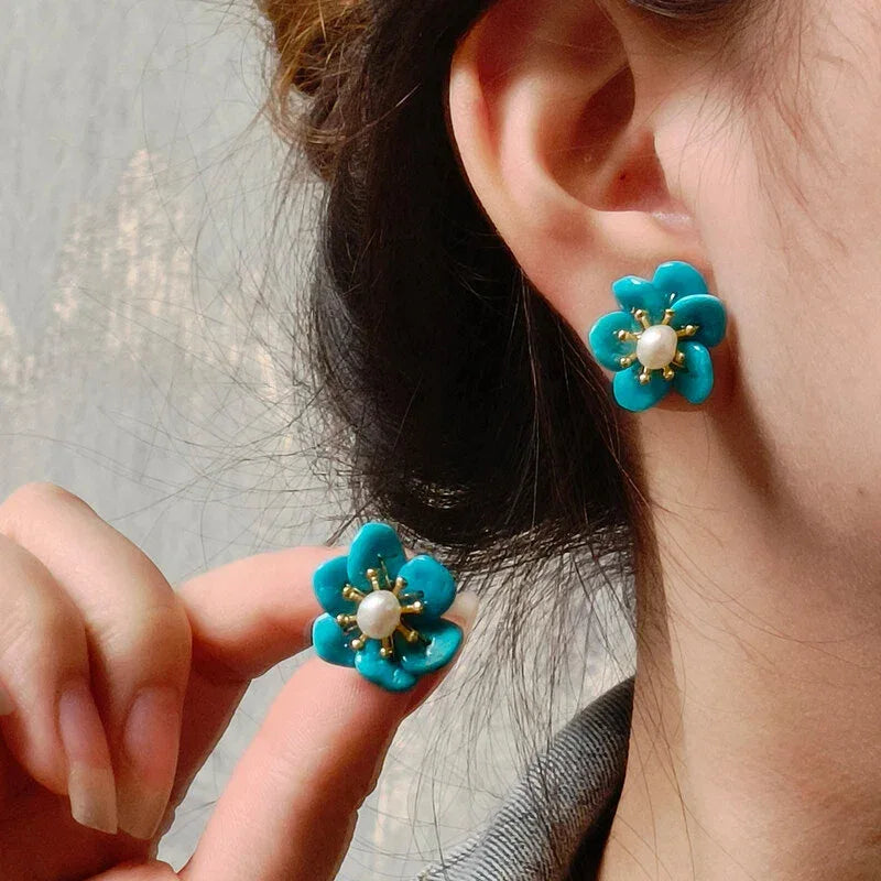 Natural Turquoise Seed Material Pearl Flower Earrings - OOAKB