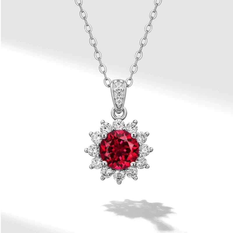 Brilliant Series Four-Claw Ruby Sunflower Necklace S925 Silver Women's Style
