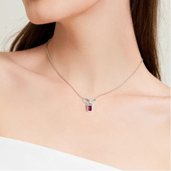 Ruby Small Square Sugar Bowknot Necklace Women's Style S925 Silver