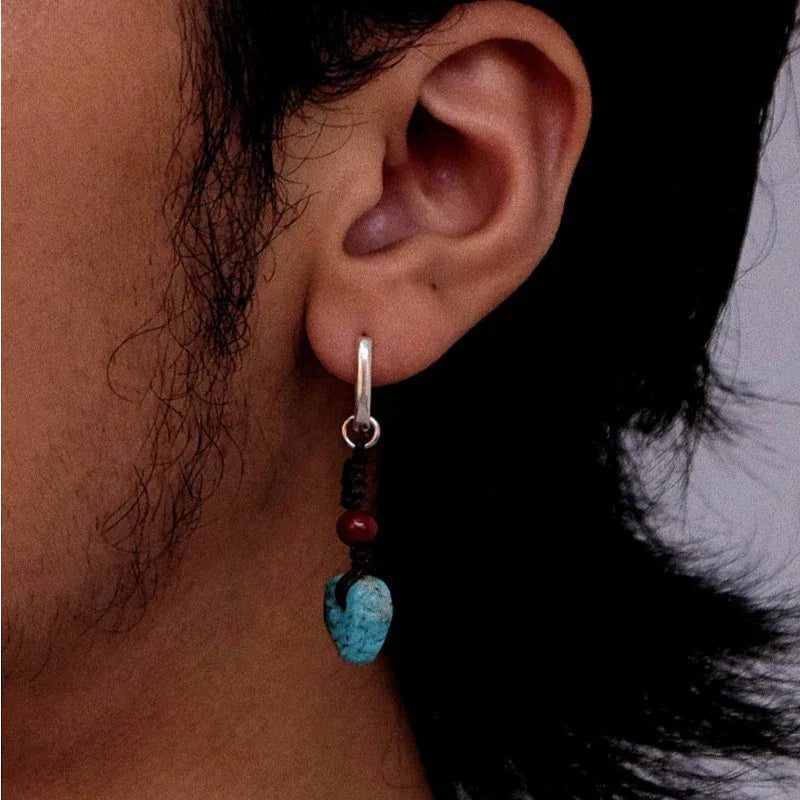 Silver Black Cord Turquoise Earrings Unisex - OOAKB