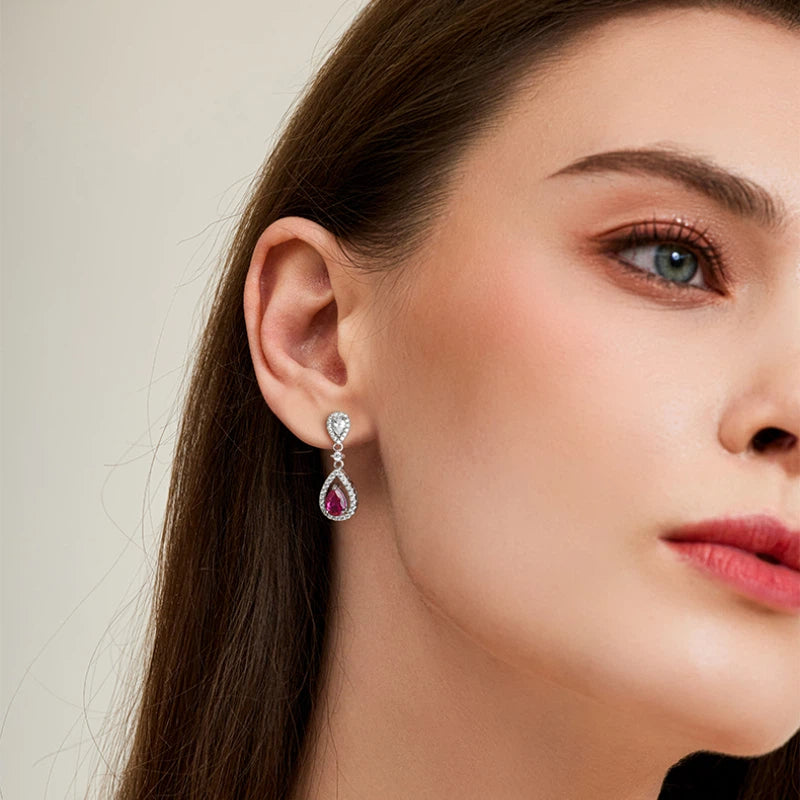 Pigeon Blood Ruby Teardrop Earrings S925 Silver Women's Style
