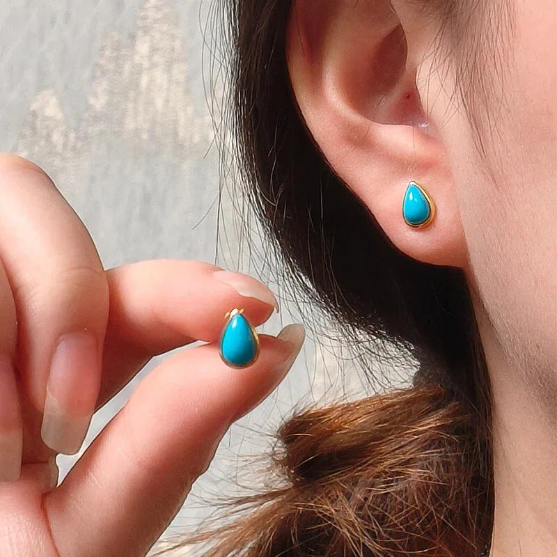 S925 Silver Natural American Turquoise Teardrop Earrings - OOAKB