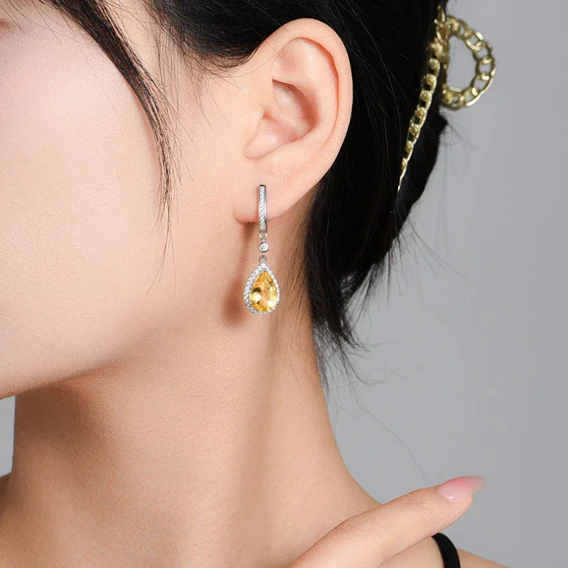 Citrine Teardrop Earrings S925 Silver Women's - OOAKB