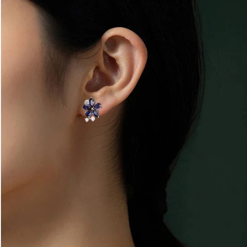 Sapphire S925 Silver Five-Petal Flower Earrings - OOAKB