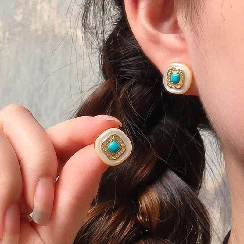 Turquoise Square White Mother of Pearl S925 Silver Earrings - OOAKB