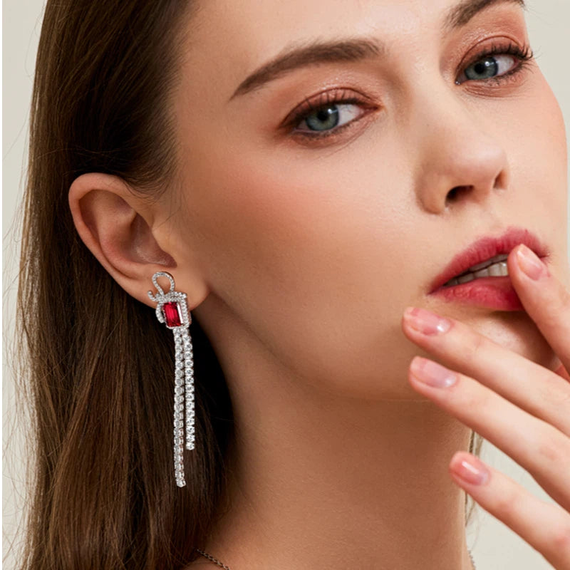 S925 Silver Ruby Bowknot Long Tassel Small Square Sugar Earrings