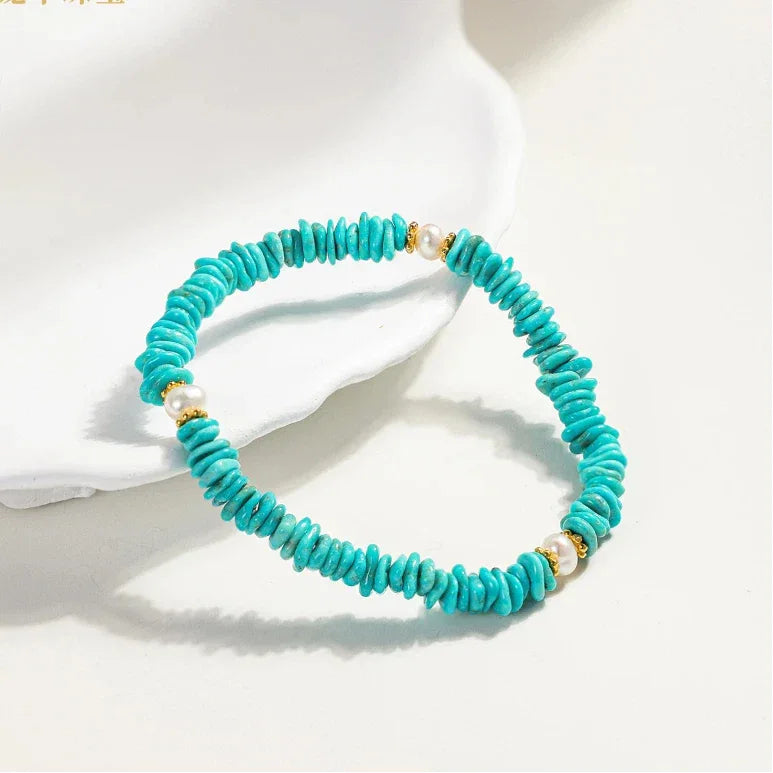 Turquoise Seed Material & Pearl Free-Form Bead S925 Silver Bracelet - OOAKB