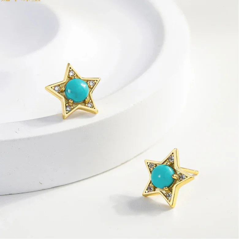 Natural Turquoise Star Round Earrings - OOAKB