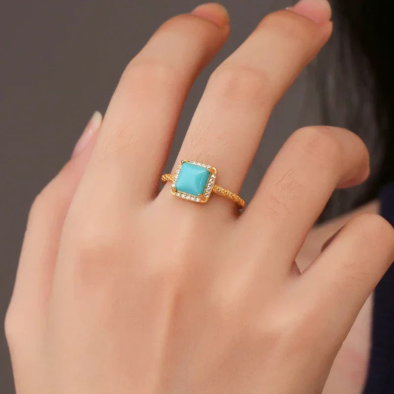 Turquoise Square S925 Silver Open Ring - OOAKB