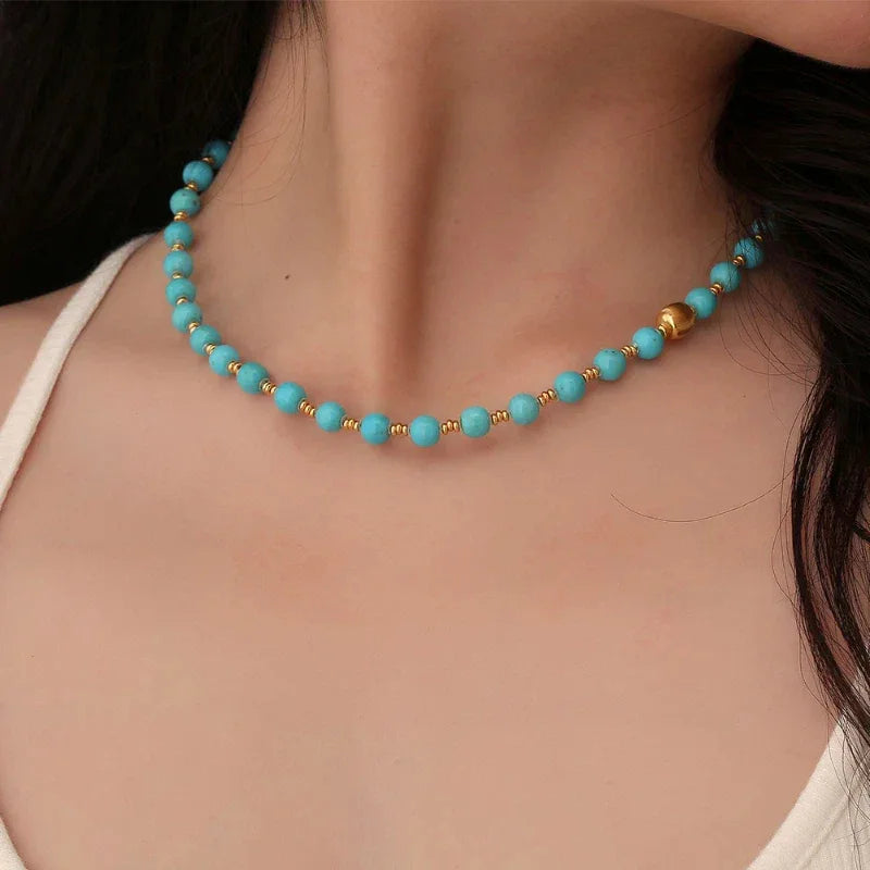 Natural Turquoise Round Bead DIY Luxury Necklace - OOAKB