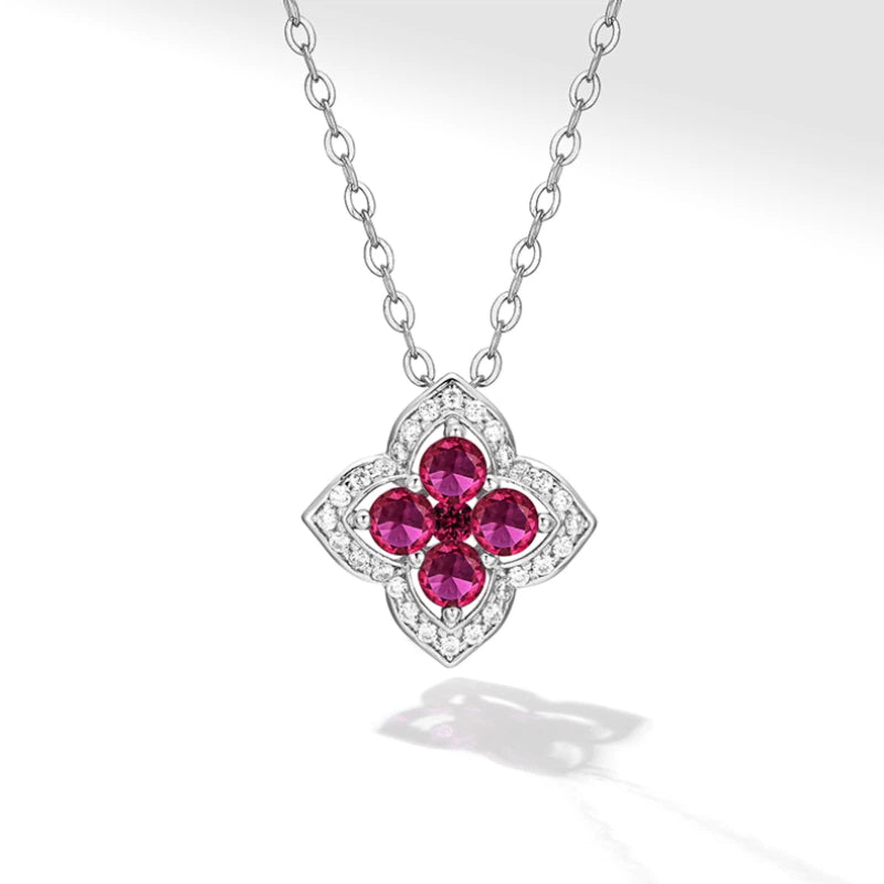 Four-Leaf Clover Ruby Necklace S925 Silver Women's Style