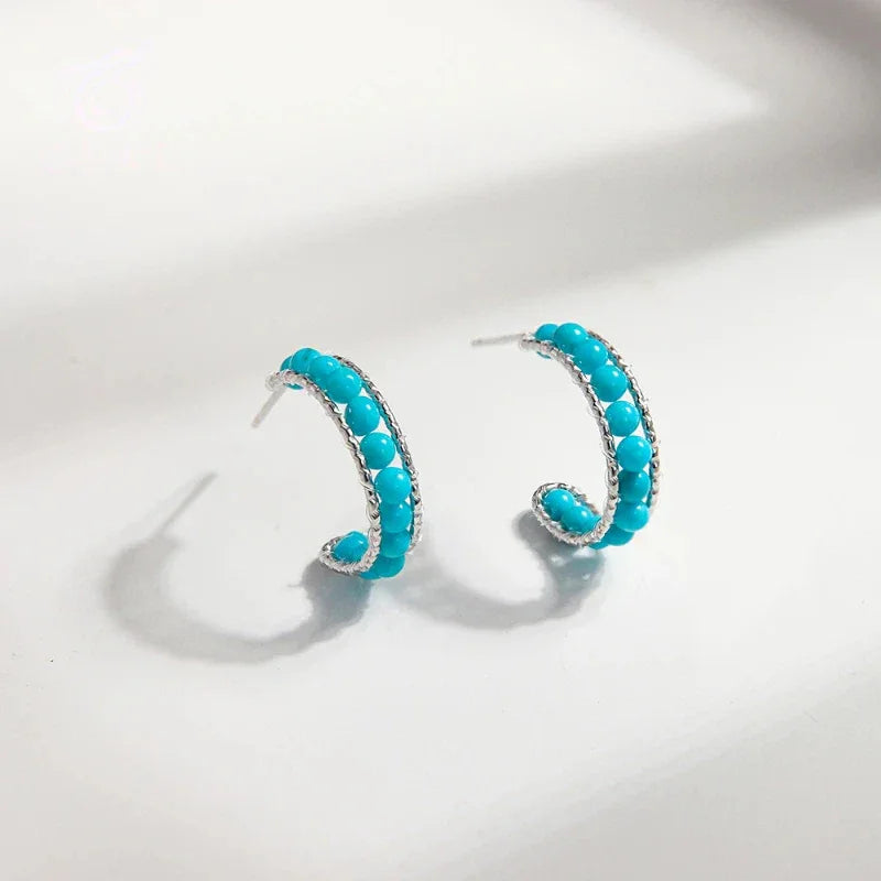 Natural American Turquoise Millet Bead U-Shaped Oval Earrings - OOAKB